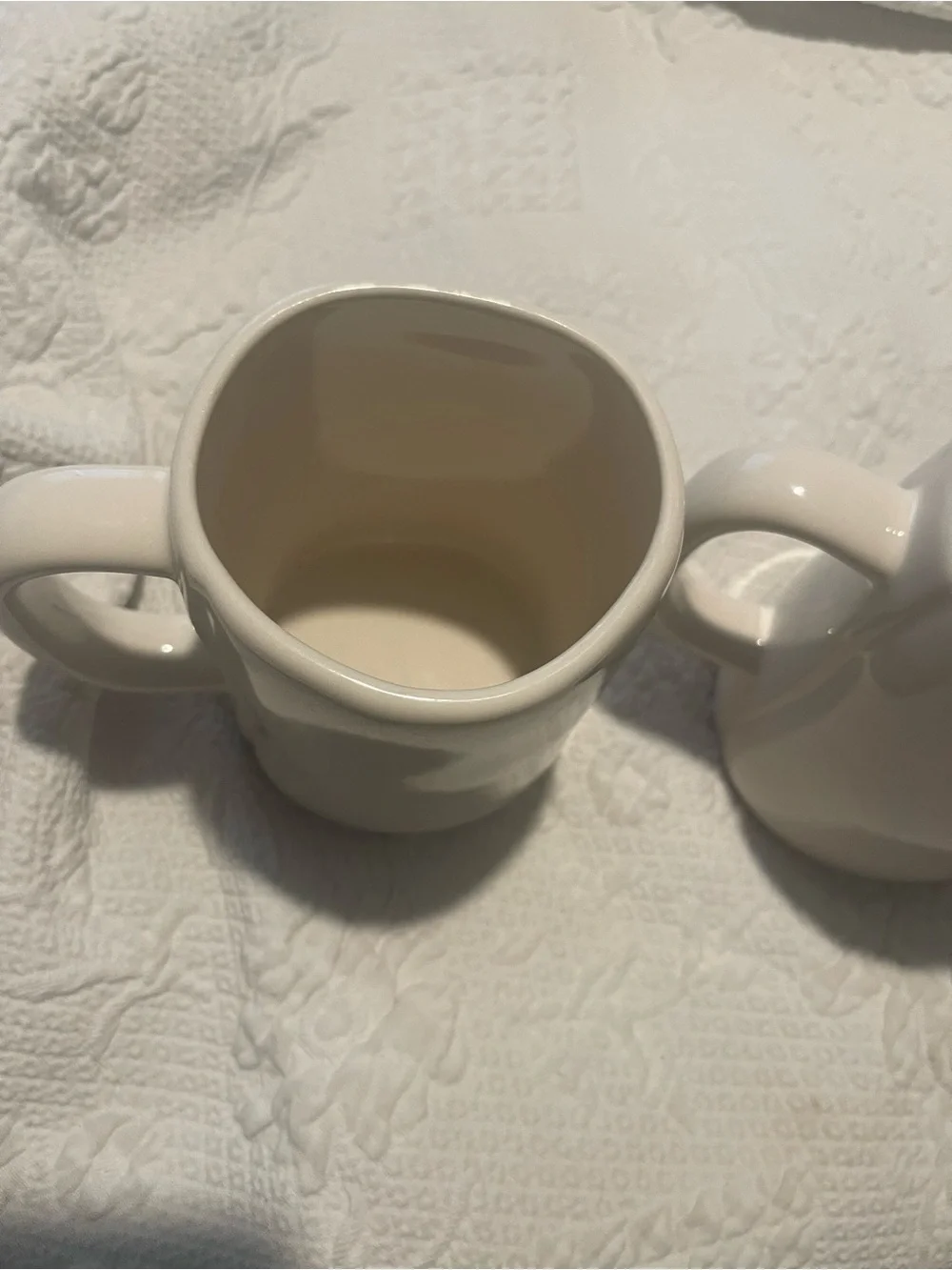 Rae Dunn White Ceramic Mug Set with Black Stamp His&Hers in red almost 5” High